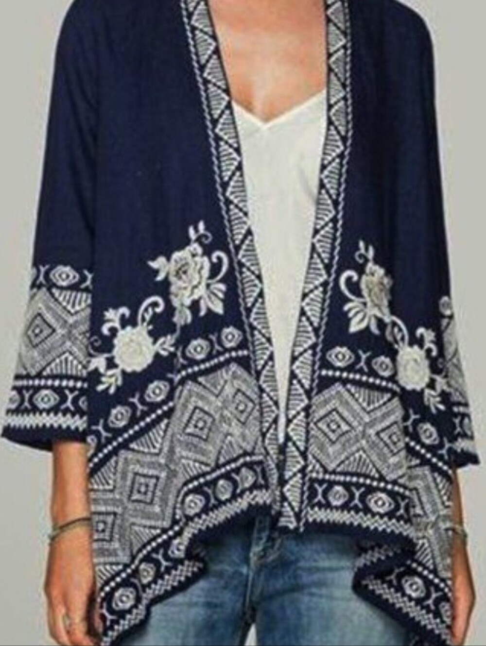 Johnny Was Navy & White Embroidered Open Front Kimono